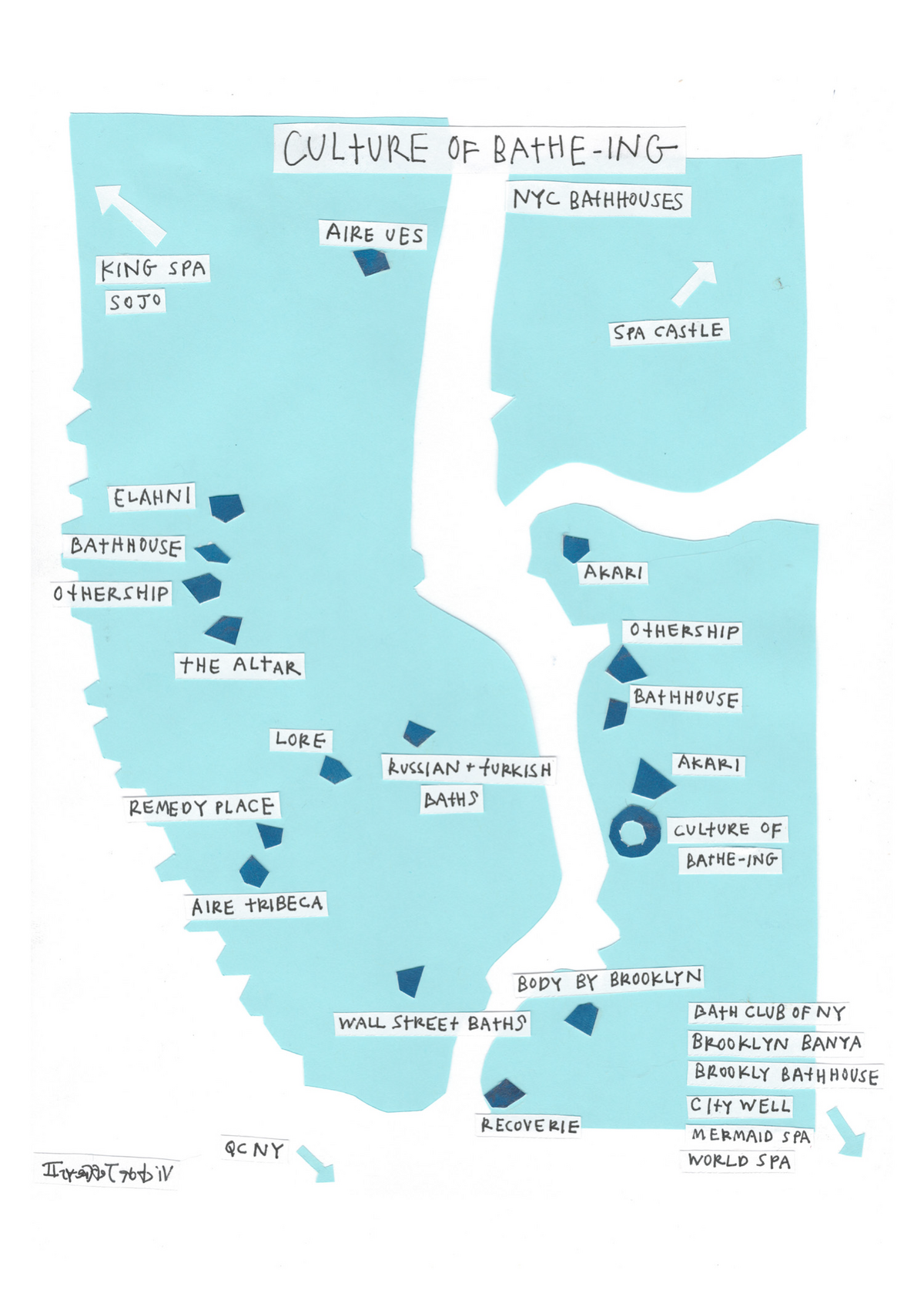 Hand-illustrated map of NYC bathhouses and saunas